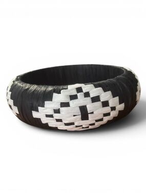 Black and White Aztec Style Woven Raffia Bangle Bracelet
